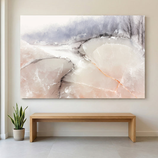 Soft Peach Neutral Abstract Watercolour canvas wall art print displayed in a styled living room