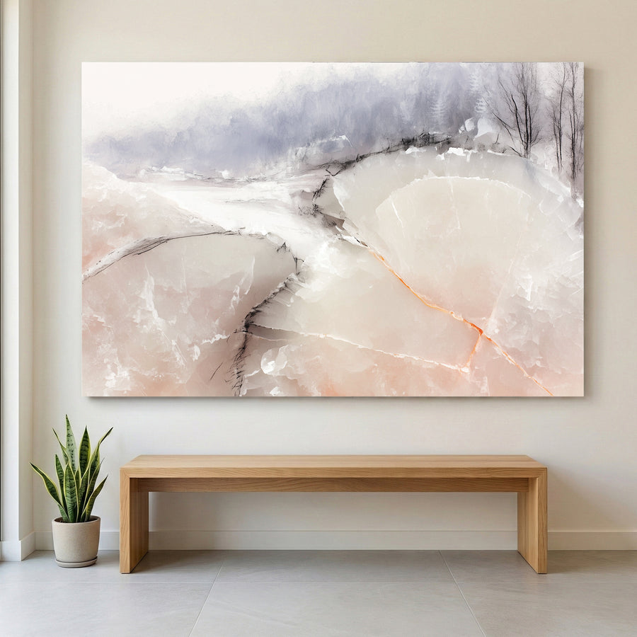 Soft Peach Neutral Abstract Watercolour canvas wall art print displayed in a styled living room