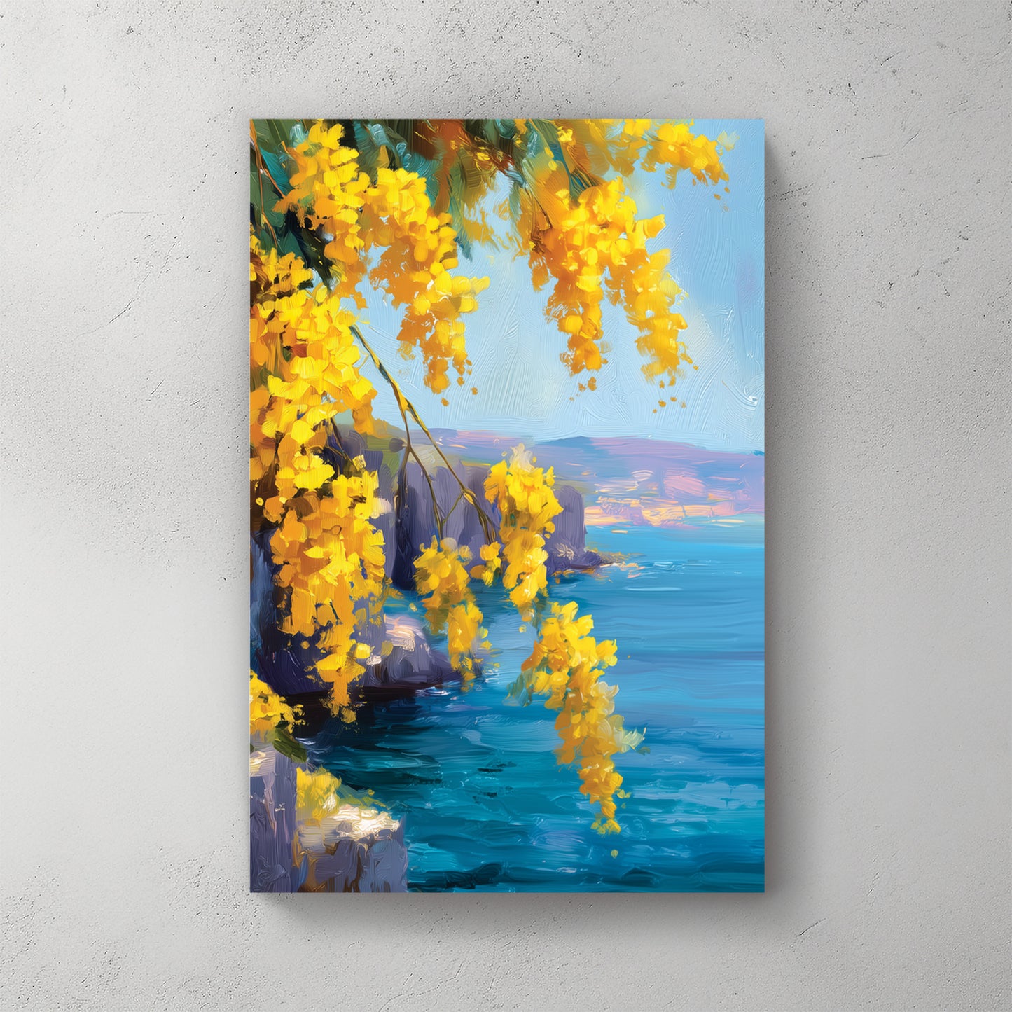Yellow mimosa flowers; coastal cliffs; turquoise Mediterranean sea; bright blue sky — canvas wall art print