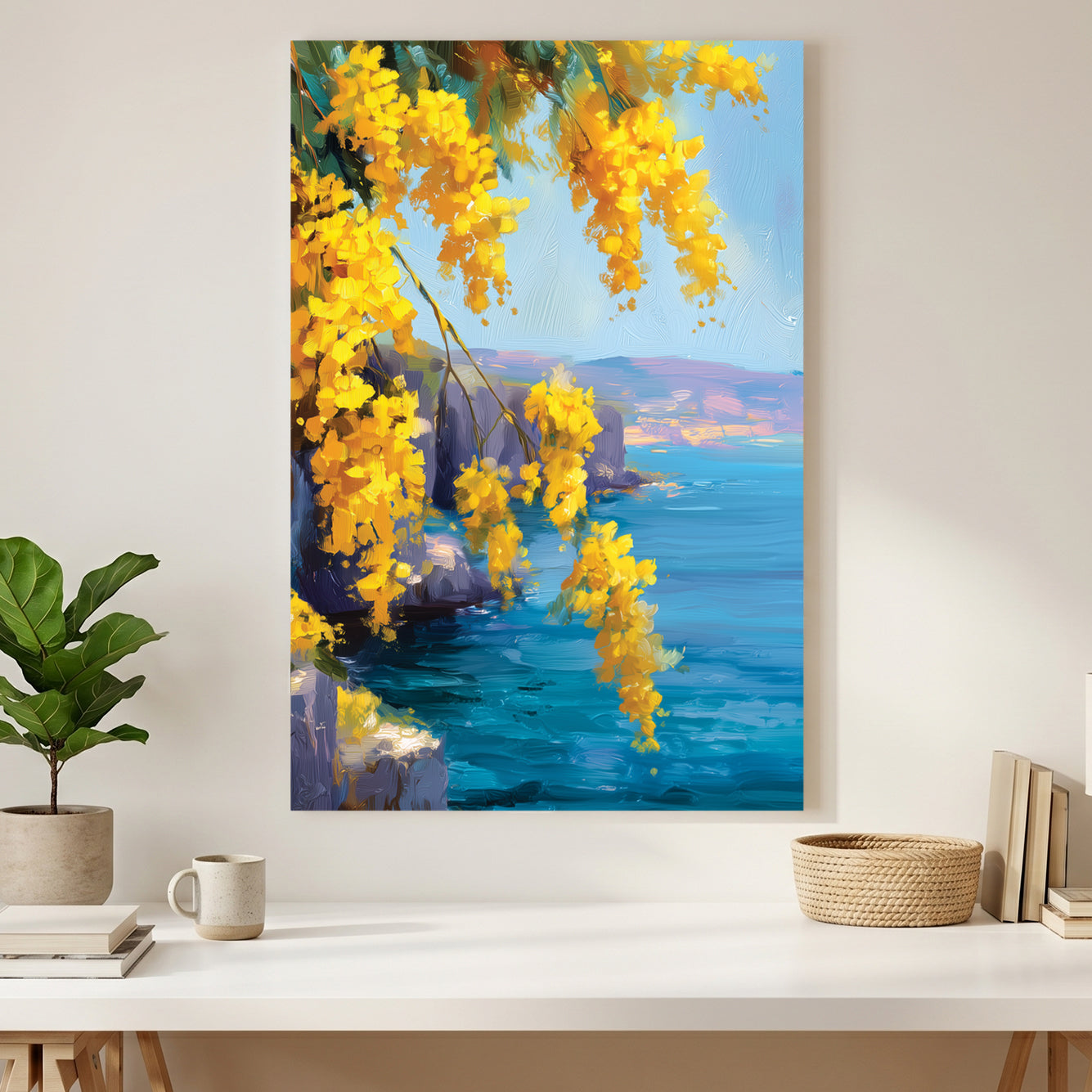 Yellow Mimosa Coastal Cliff Painting canvas wall art print styled in a modern interior