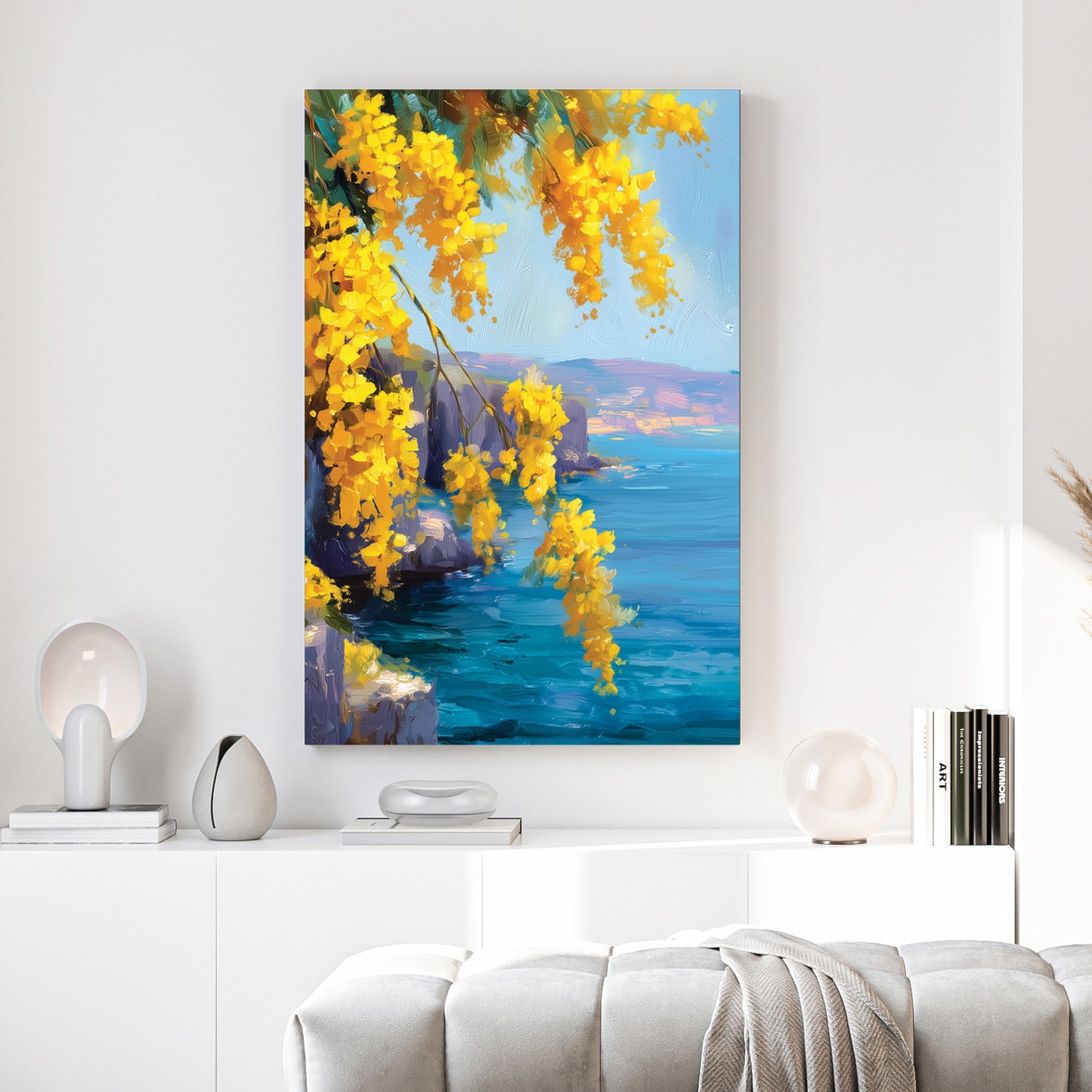 Yellow Mimosa Coastal Cliff Painting canvas wall art print above a sofa in a contemporary living room