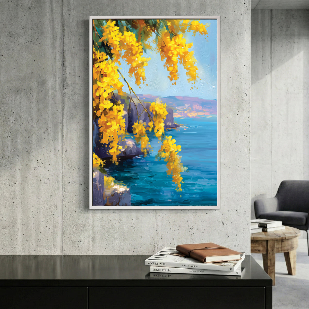 Yellow Mimosa Coastal Cliff Painting canvas wall art print displayed in a styled living room