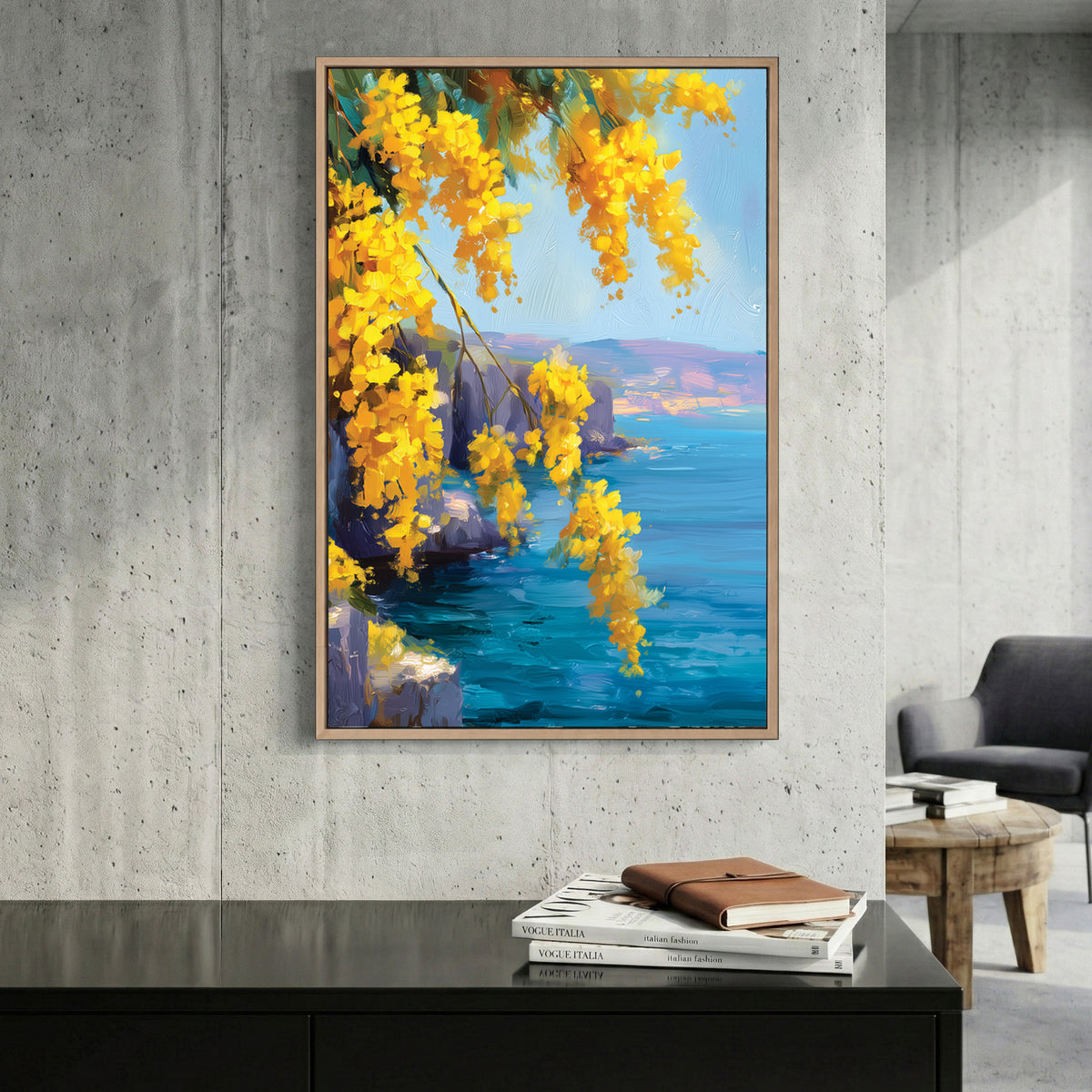 Yellow Mimosa Coastal Cliff Painting canvas wall art print displayed in a styled living room