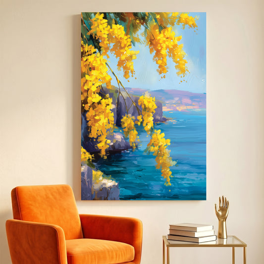 Yellow Mimosa Coastal Cliff Painting canvas wall art print displayed in a styled living room