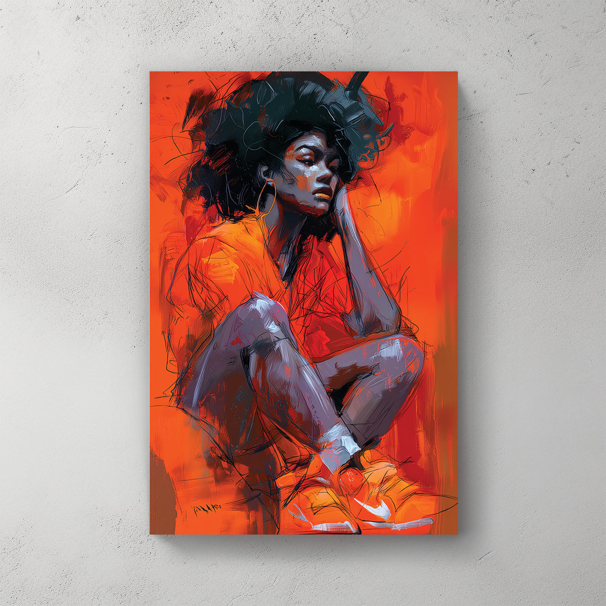 Black woman crouched in orange room, orange sneakers, expressive brush strokes, monochrome orange — canvas wall art print