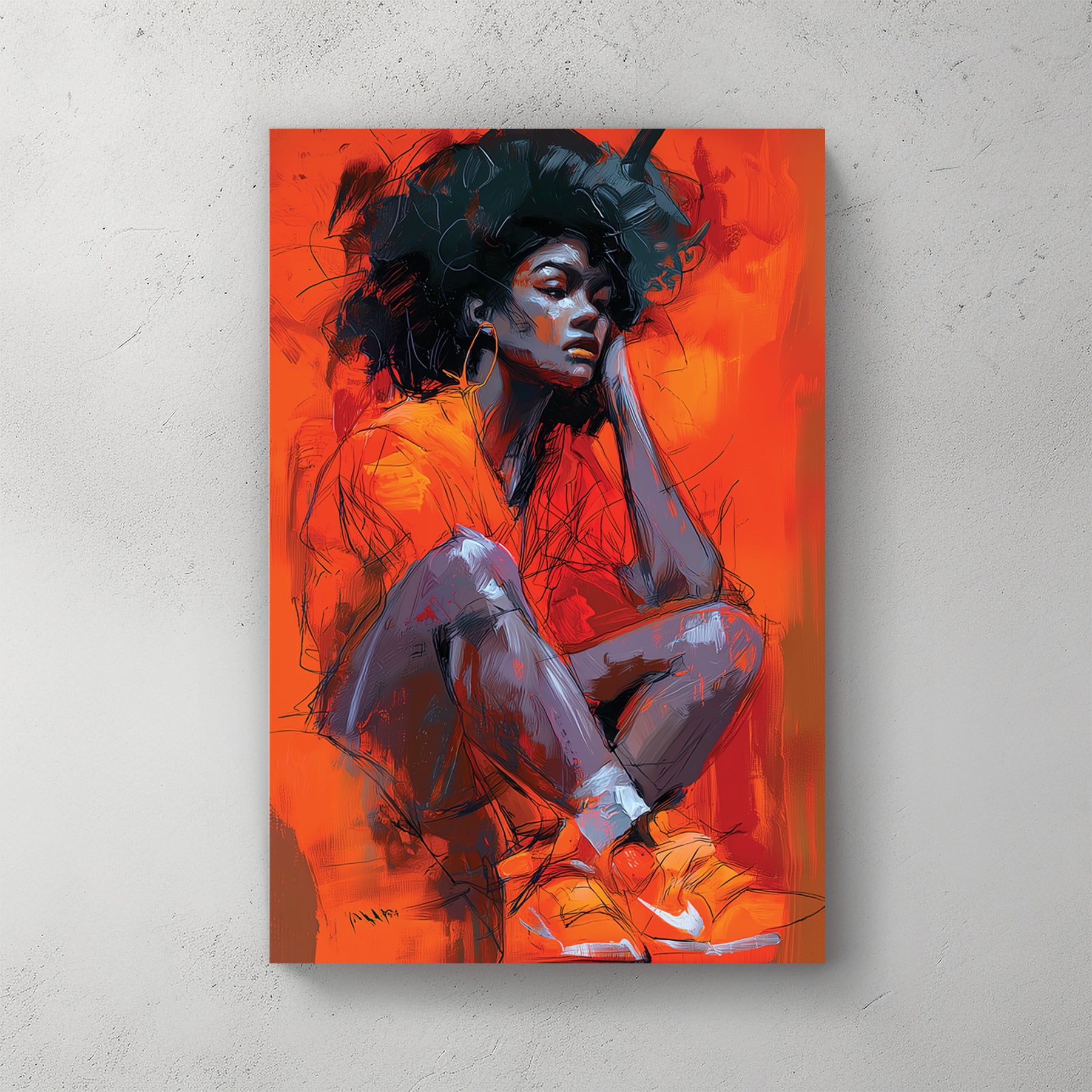 Black woman crouched in orange room, orange sneakers, expressive brush strokes, monochrome orange — canvas wall art print