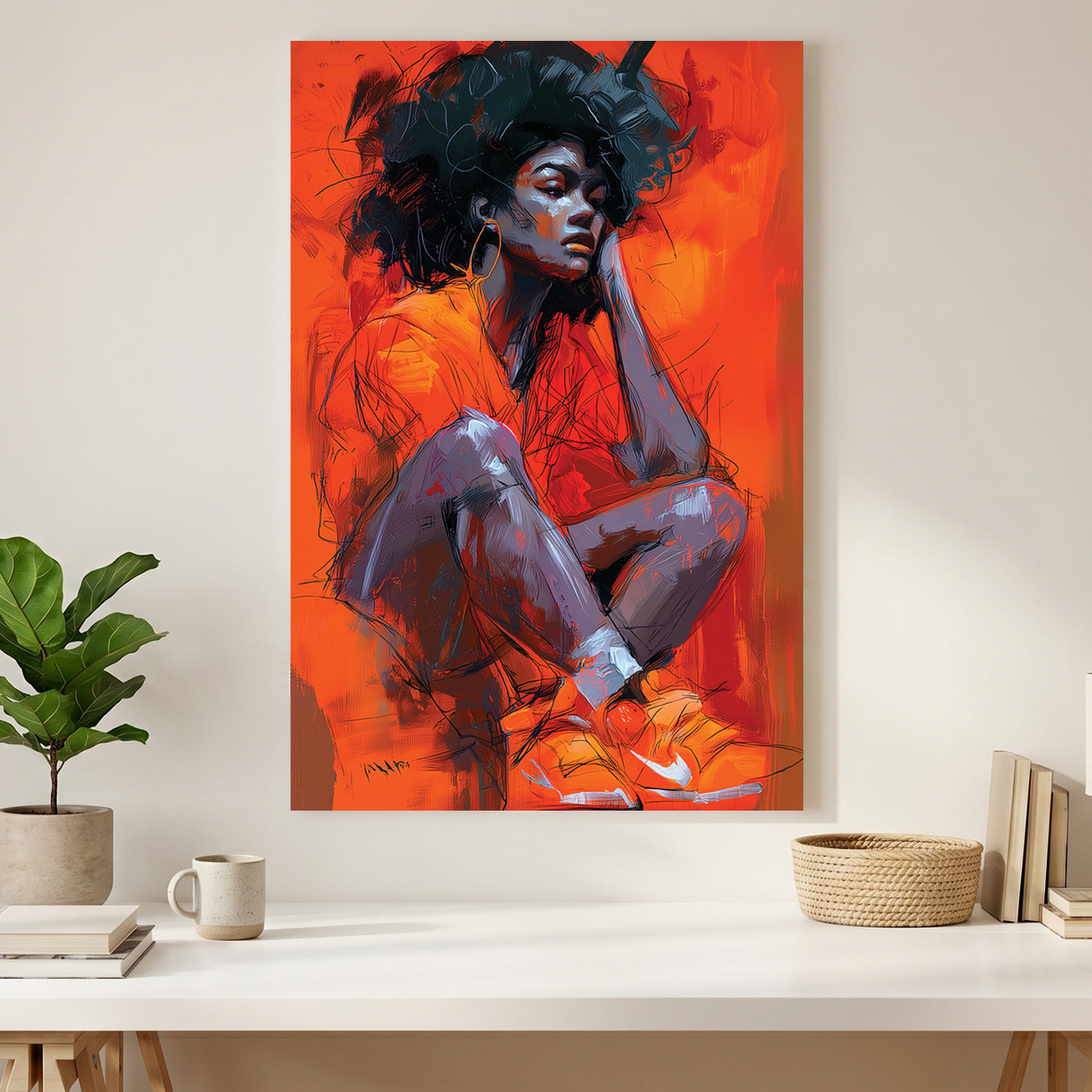 Black Woman Orange Sneakers Portrait Painting canvas wall art print styled in a modern interior
