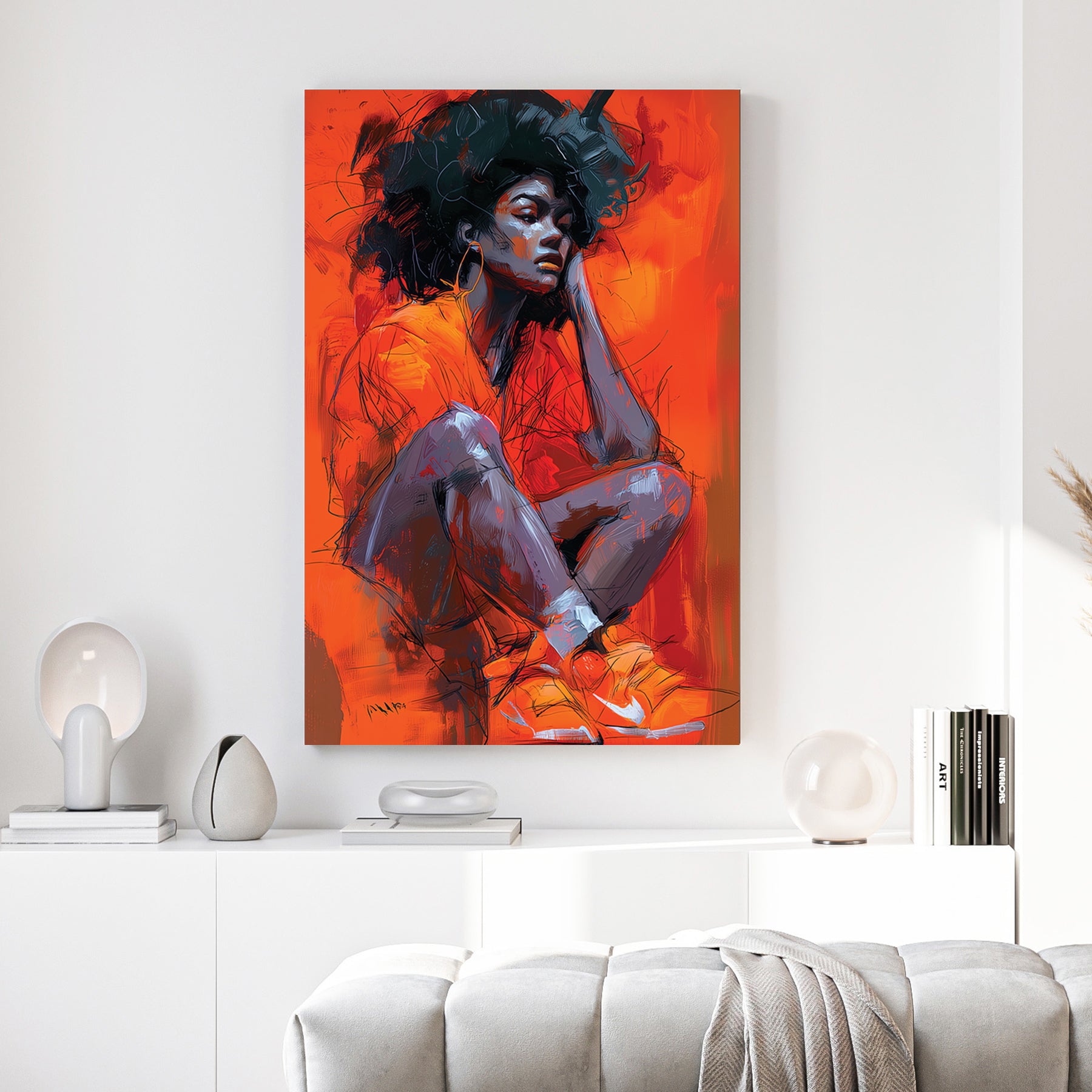 Black Woman Orange Sneakers Portrait Painting canvas wall art print above a sofa in a contemporary living room