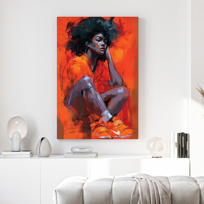Black Woman Orange Sneakers Portrait Painting canvas wall art print above a sofa in a contemporary living room