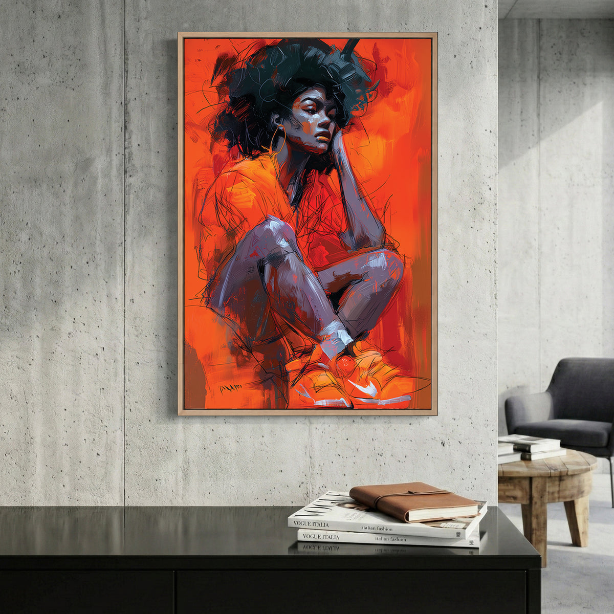 Black Woman Orange Sneakers Portrait Painting canvas wall art print displayed in a styled living room