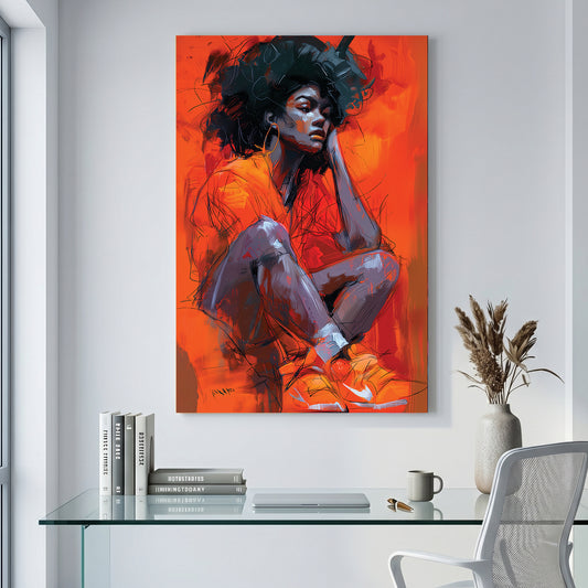 Black Woman Orange Sneakers Portrait Painting canvas wall art print displayed in a styled living room