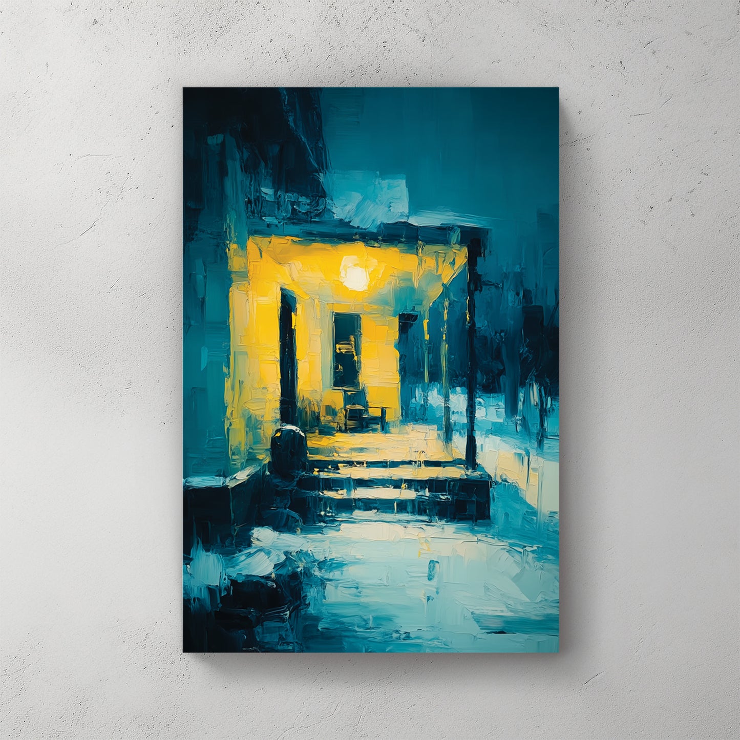 Glowing yellow porch at night, blue dark surroundings, single hanging bulb, wooden steps, impressionist oil painting style — canvas wall art print