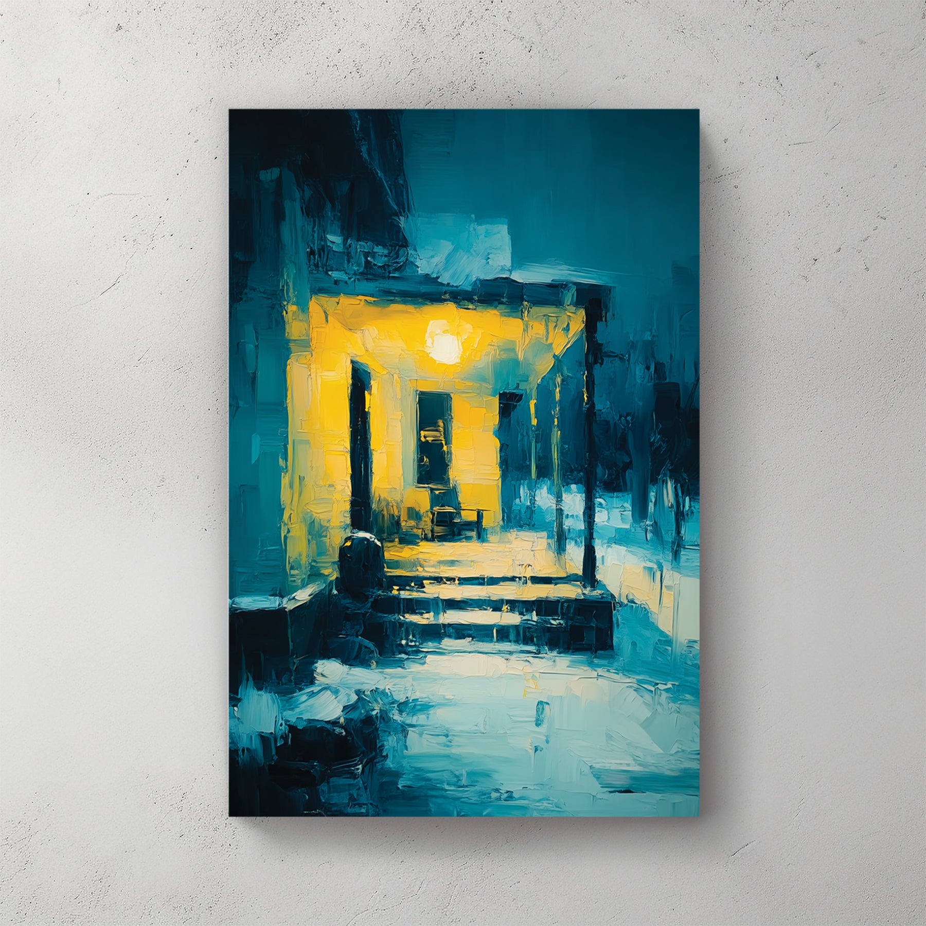 Glowing yellow porch at night, blue dark surroundings, single hanging bulb, wooden steps, impressionist oil painting style — canvas wall art print