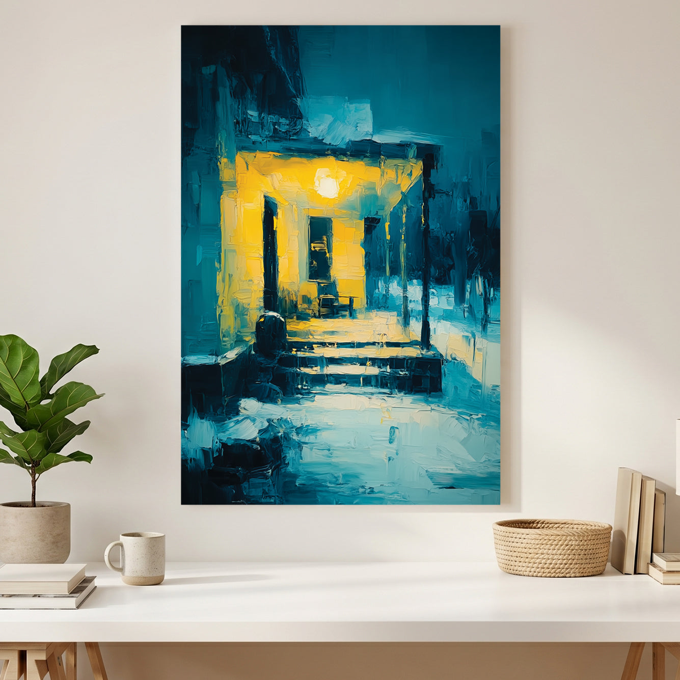 Glowing Yellow Porch Night Painting canvas wall art print styled in a modern interior