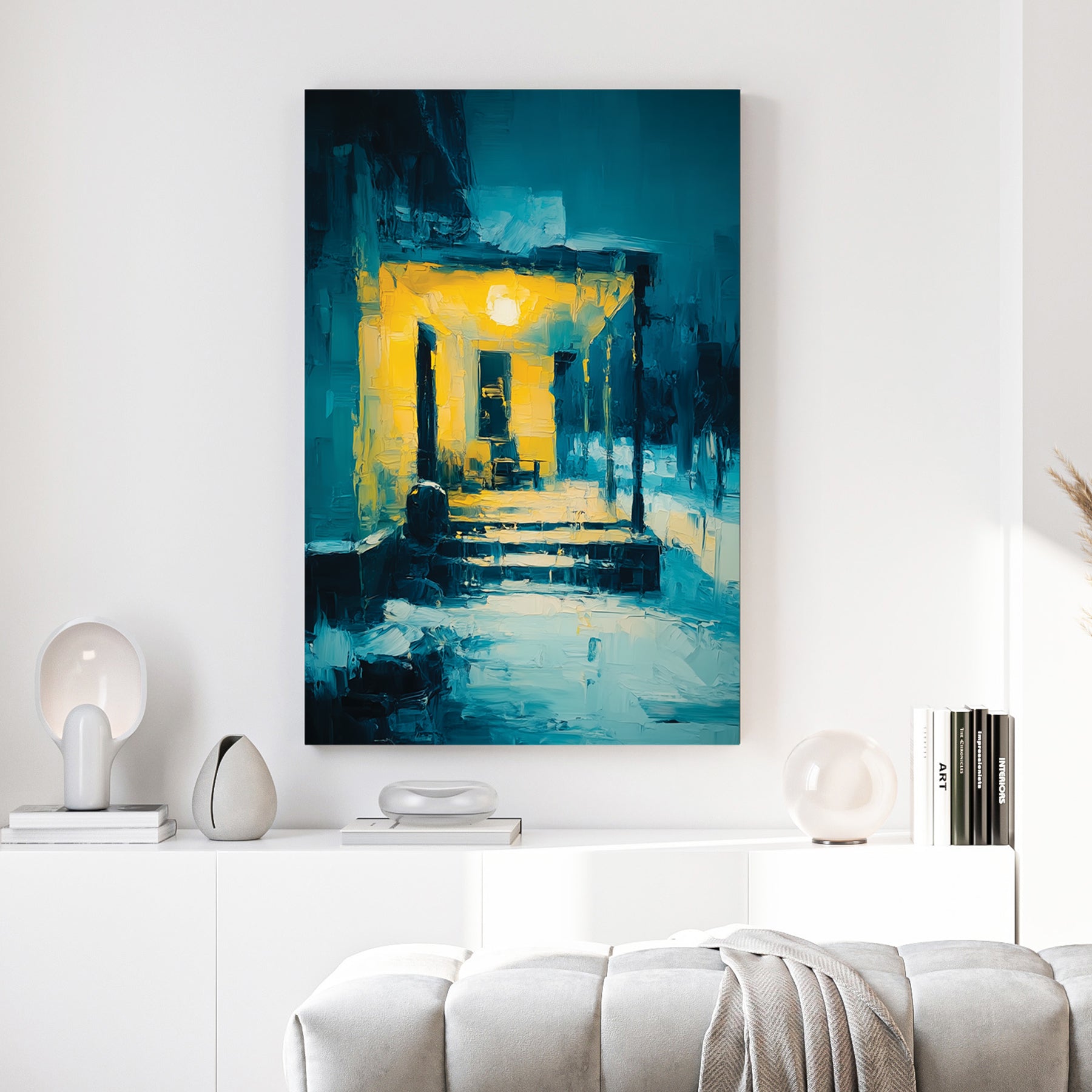 Glowing Yellow Porch Night Painting canvas wall art print above a sofa in a contemporary living room
