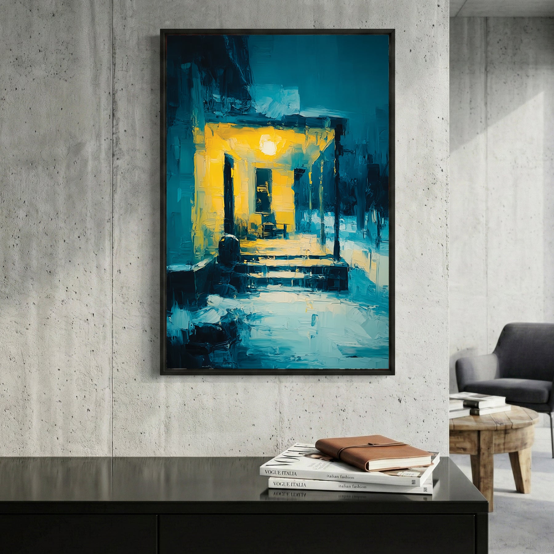 Glowing Yellow Porch Night Painting framed canvas wall art print in a gallery-style display