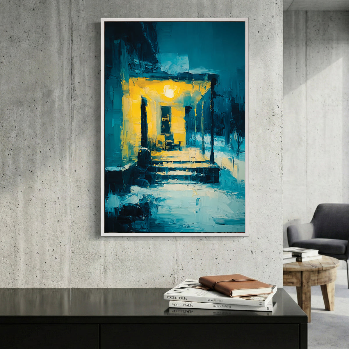 Glowing Yellow Porch Night Painting canvas wall art print displayed in a styled living room