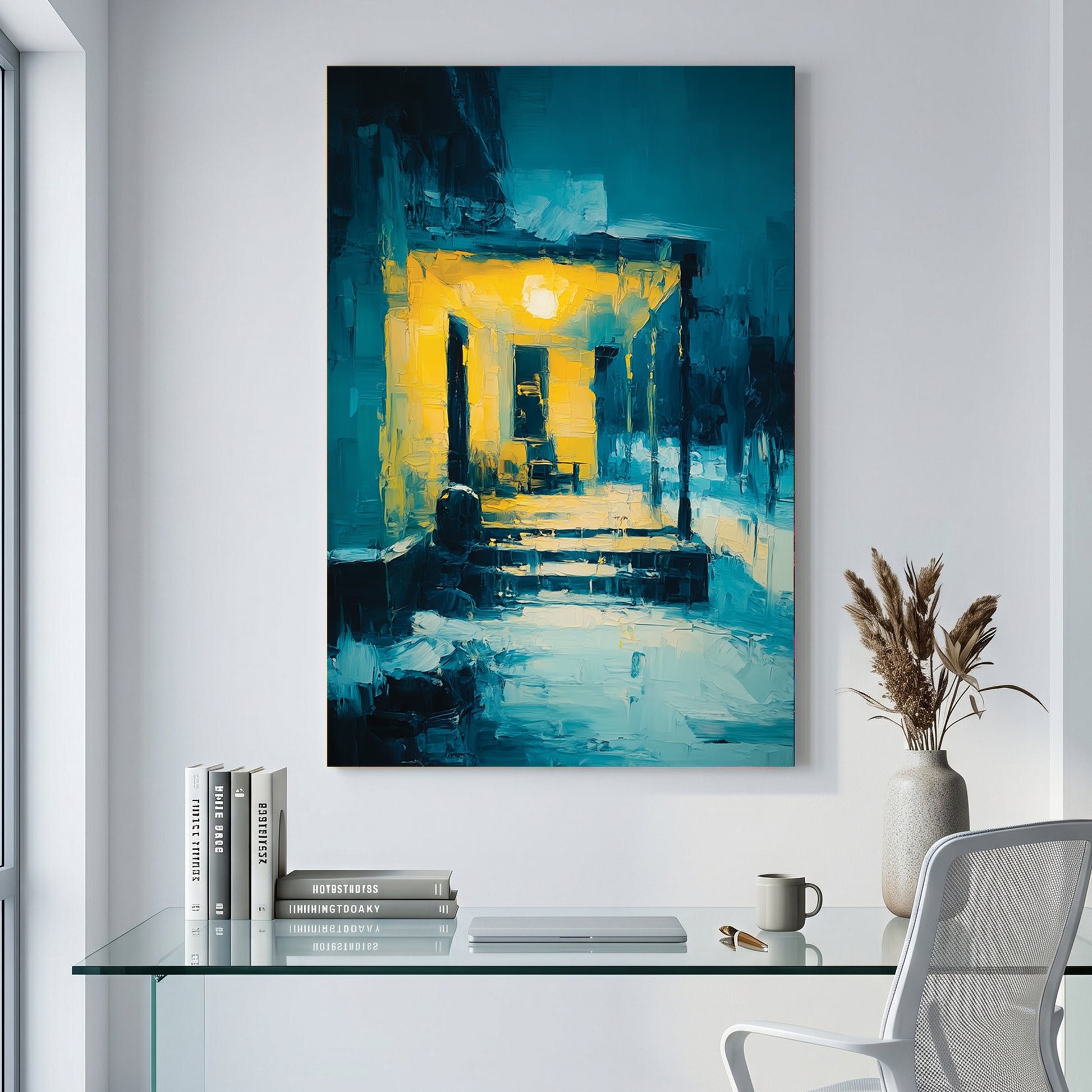Glowing Yellow Porch Night Painting canvas wall art print displayed in a styled living room