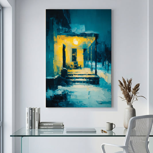 Glowing Yellow Porch Night Painting canvas wall art print displayed in a styled living room