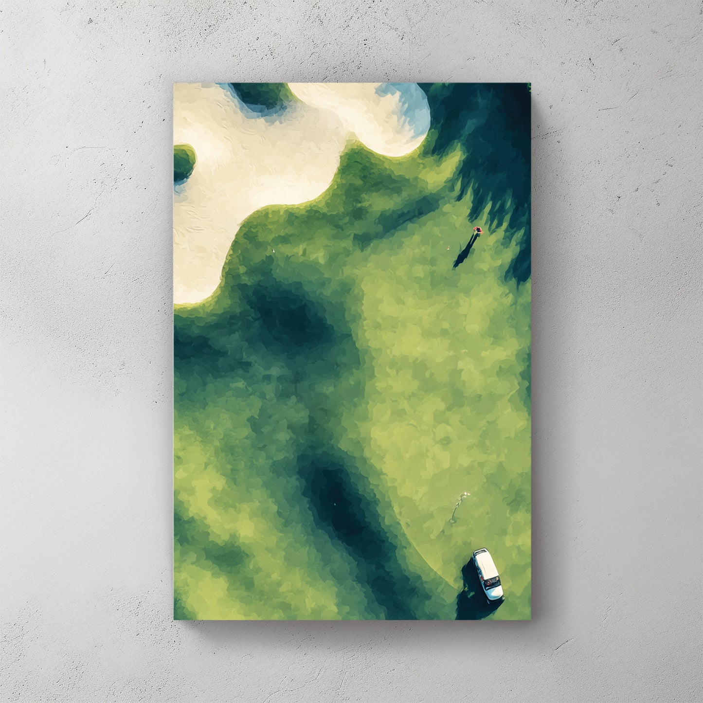 Aerial of golf green with white sand bunker, golfer with shadow on green, painterly style — canvas wall art print