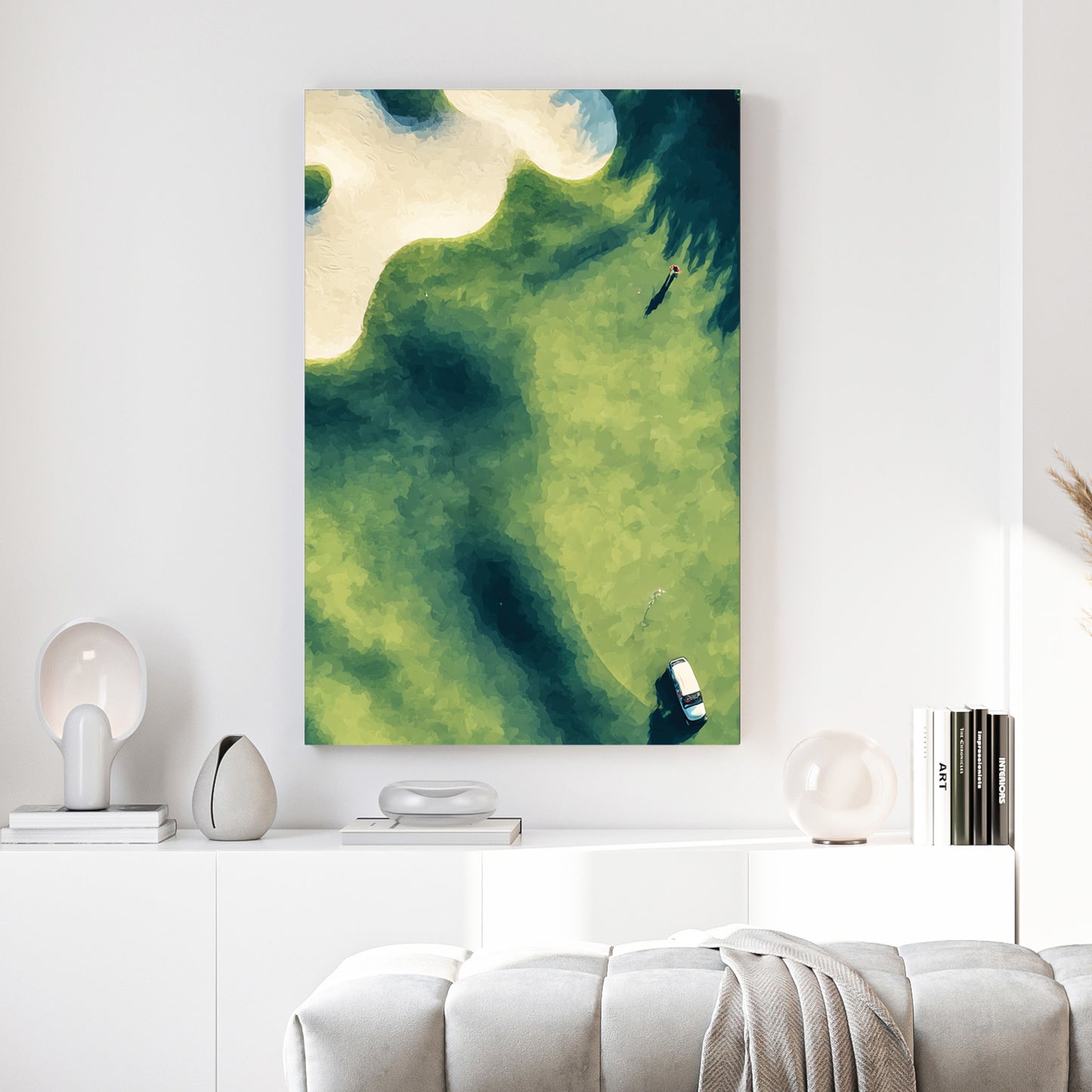 Aerial Golf Course Green Bunker Painting canvas wall art print above a sofa in a contemporary living room