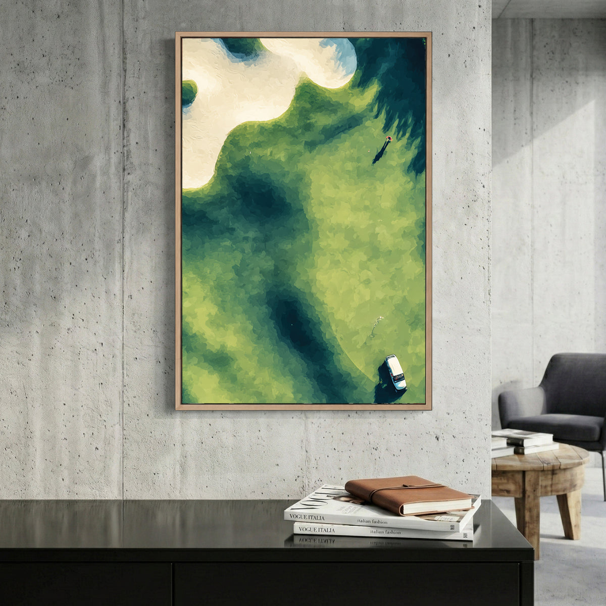 Aerial Golf Course Green Bunker Painting canvas wall art print displayed in a styled living room
