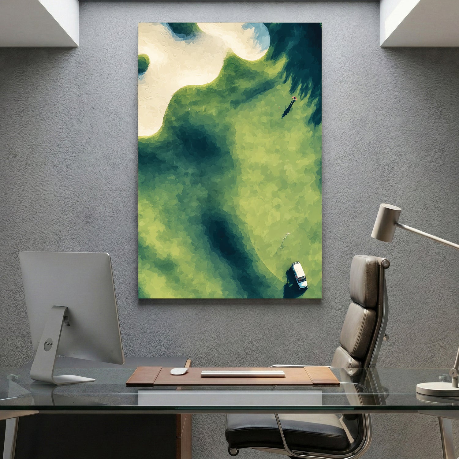 Aerial Golf Course Green Bunker Painting canvas wall art print displayed in a styled living room