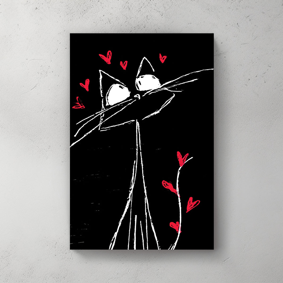 White outline cat on black, big eyes, long body, red hearts floating around — canvas wall art print
