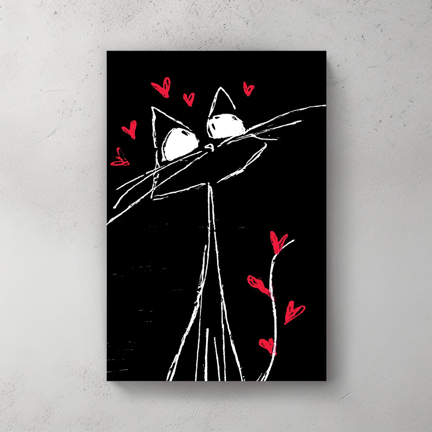 White outline cat on black, big eyes, long body, red hearts floating around — canvas wall art print