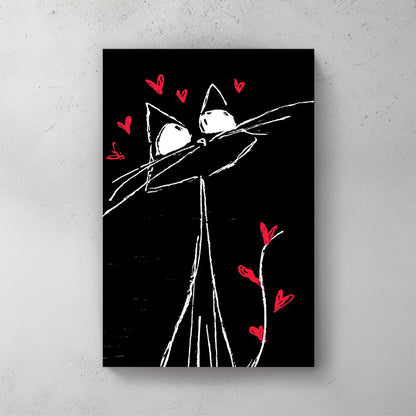 White outline cat on black, big eyes, long body, red hearts floating around — canvas wall art print