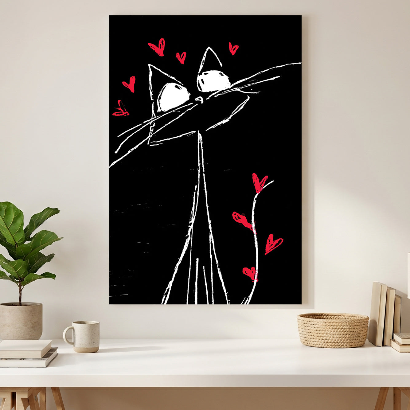 Whimsical Cat Hearts Sketch canvas wall art print styled in a modern interior