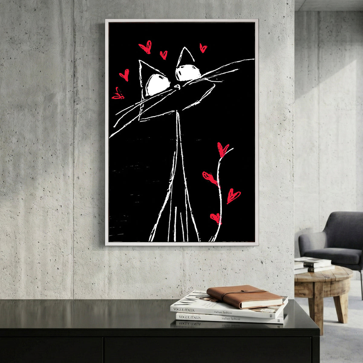 Whimsical Cat Hearts Sketch canvas wall art print displayed in a styled living room