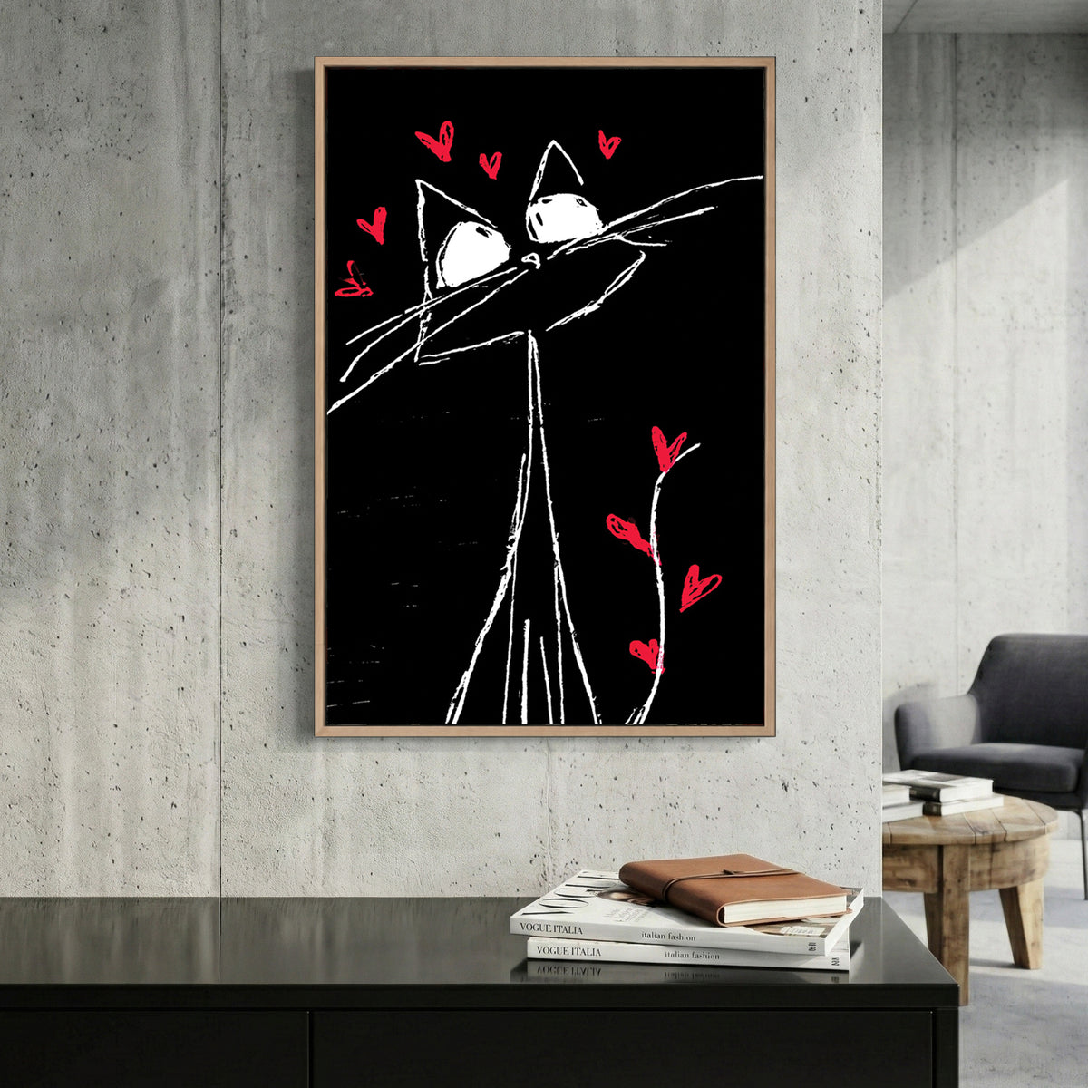 Whimsical Cat Hearts Sketch canvas wall art print displayed in a styled living room