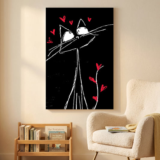 Whimsical Cat Hearts Sketch canvas wall art print displayed in a styled living room
