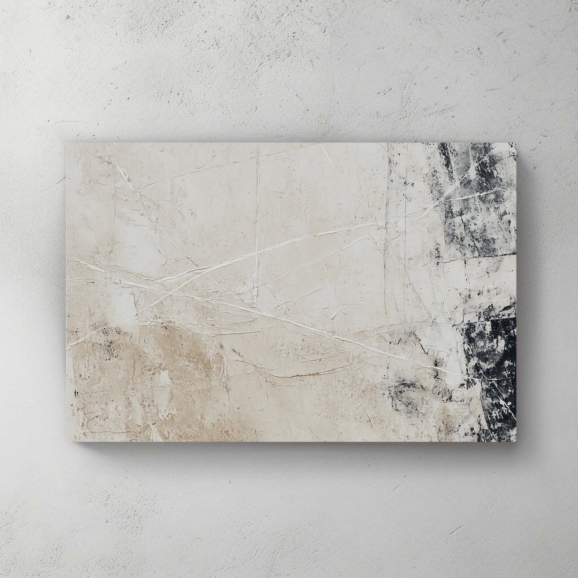 Beige and grey abstract texture, scratched plaster look, black geometric block in upper right, minimalist neutral palette — canvas wall art print