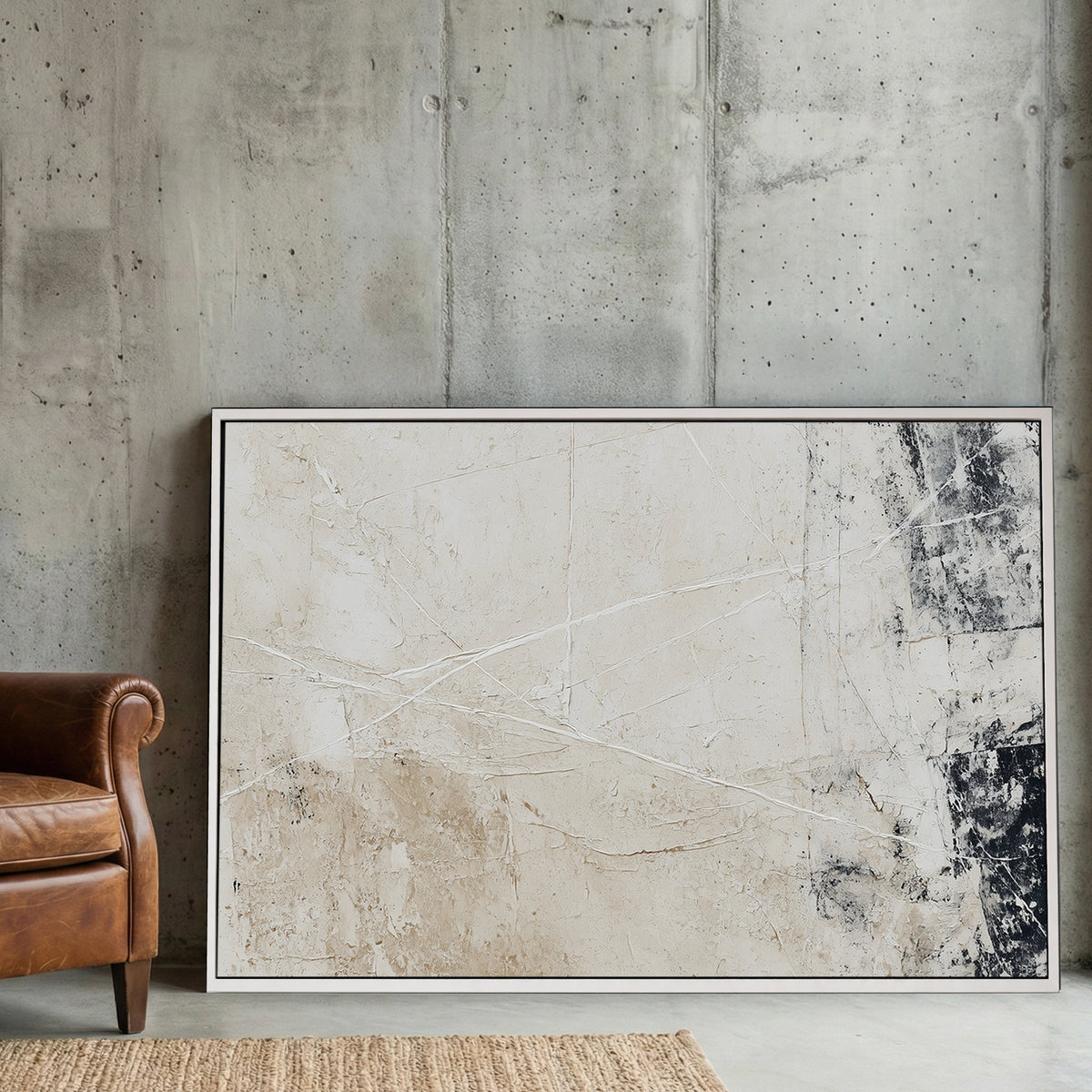 Beige Grey Neutral Abstract canvas wall art print displayed in a styled living room