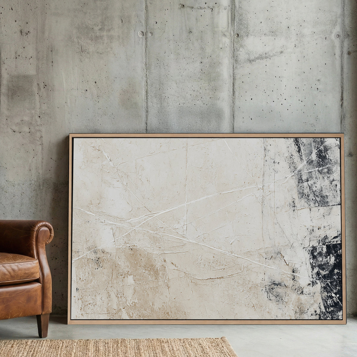 Beige Grey Neutral Abstract canvas wall art print displayed in a styled living room