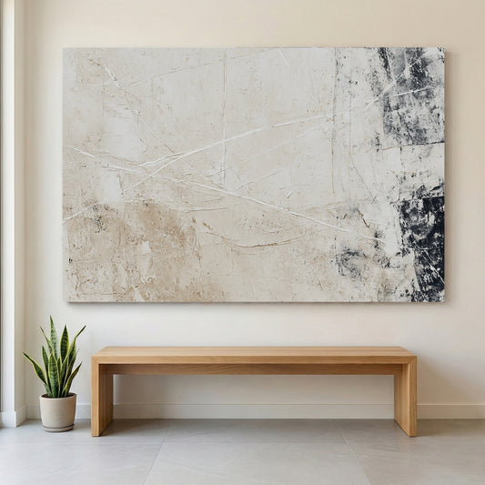 Beige Grey Neutral Abstract canvas wall art print displayed in a styled living room