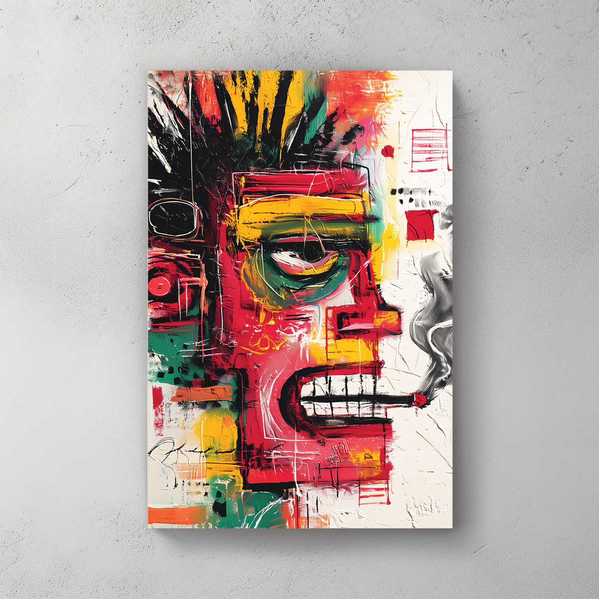 Basquiat-style face, bright red, green, yellow, primitive features, graffiti energy, neo-expressionist — canvas wall art print