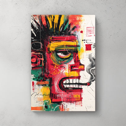 Basquiat-style face, bright red, green, yellow, primitive features, graffiti energy, neo-expressionist — canvas wall art print