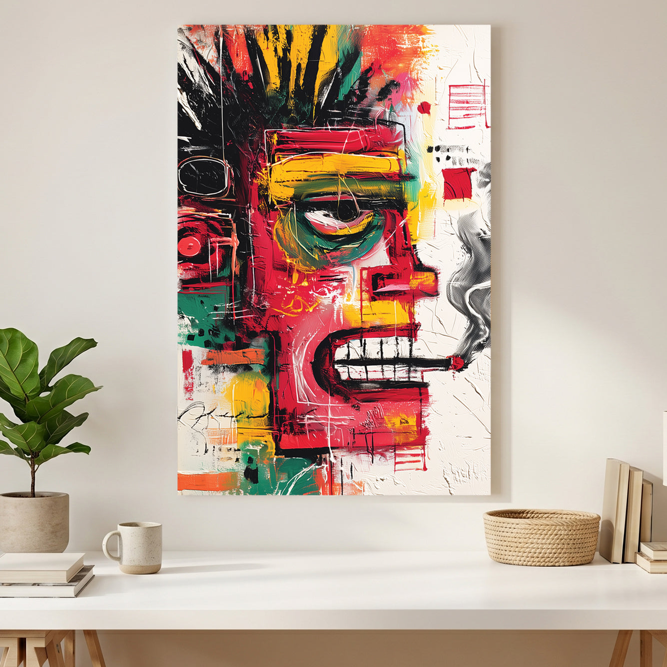Colourful Basquiat Style Face Abstract canvas wall art print styled in a modern interior
