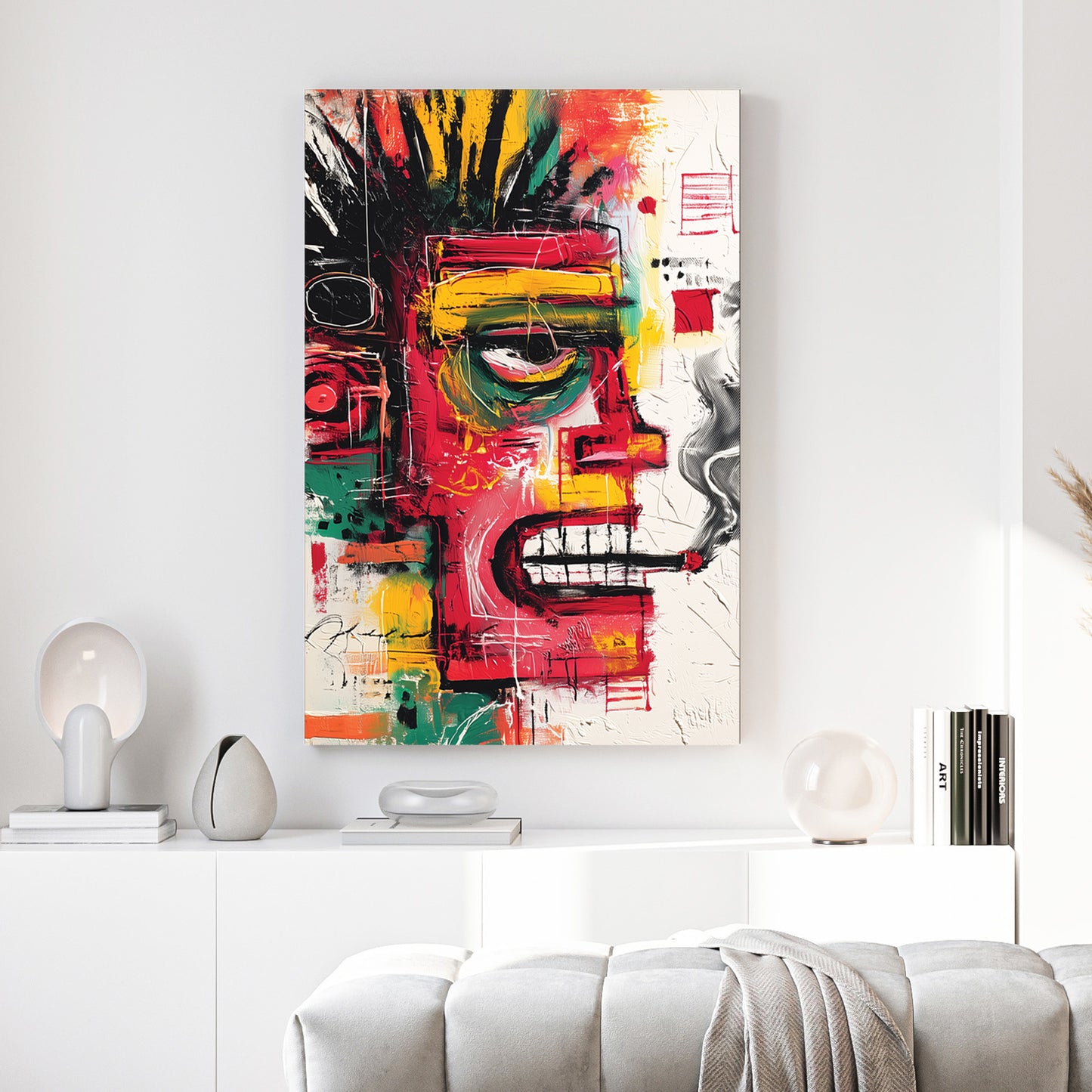 Colourful Basquiat Style Face Abstract canvas wall art print above a sofa in a contemporary living room