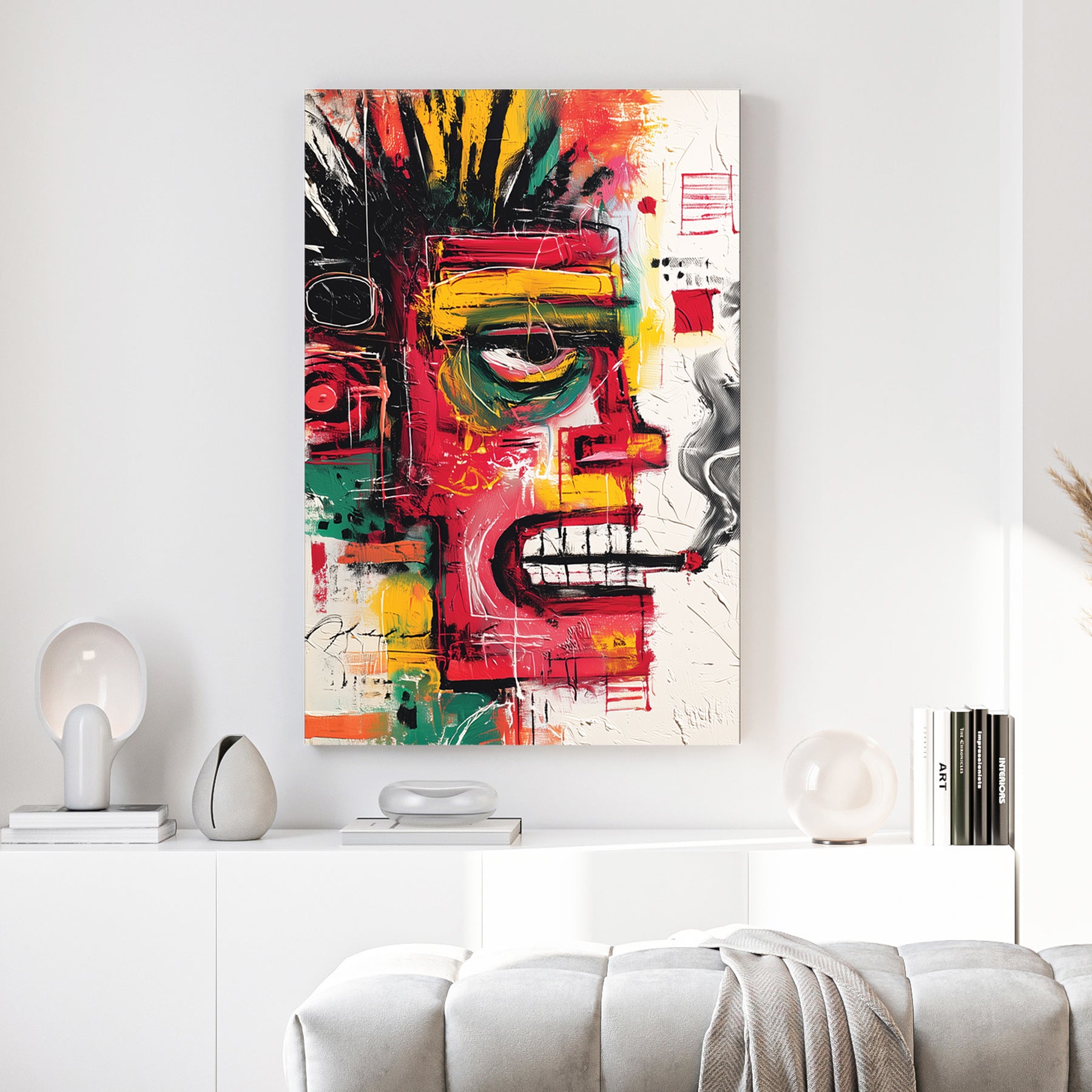 Colourful Basquiat Style Face Abstract canvas wall art print above a sofa in a contemporary living room