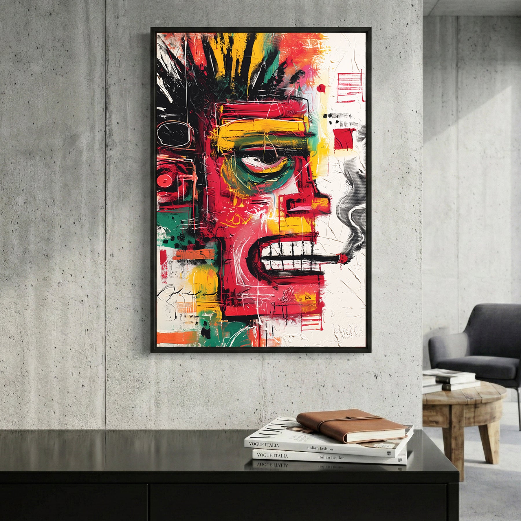 Colourful Basquiat Style Face Abstract framed canvas wall art print in a gallery-style display