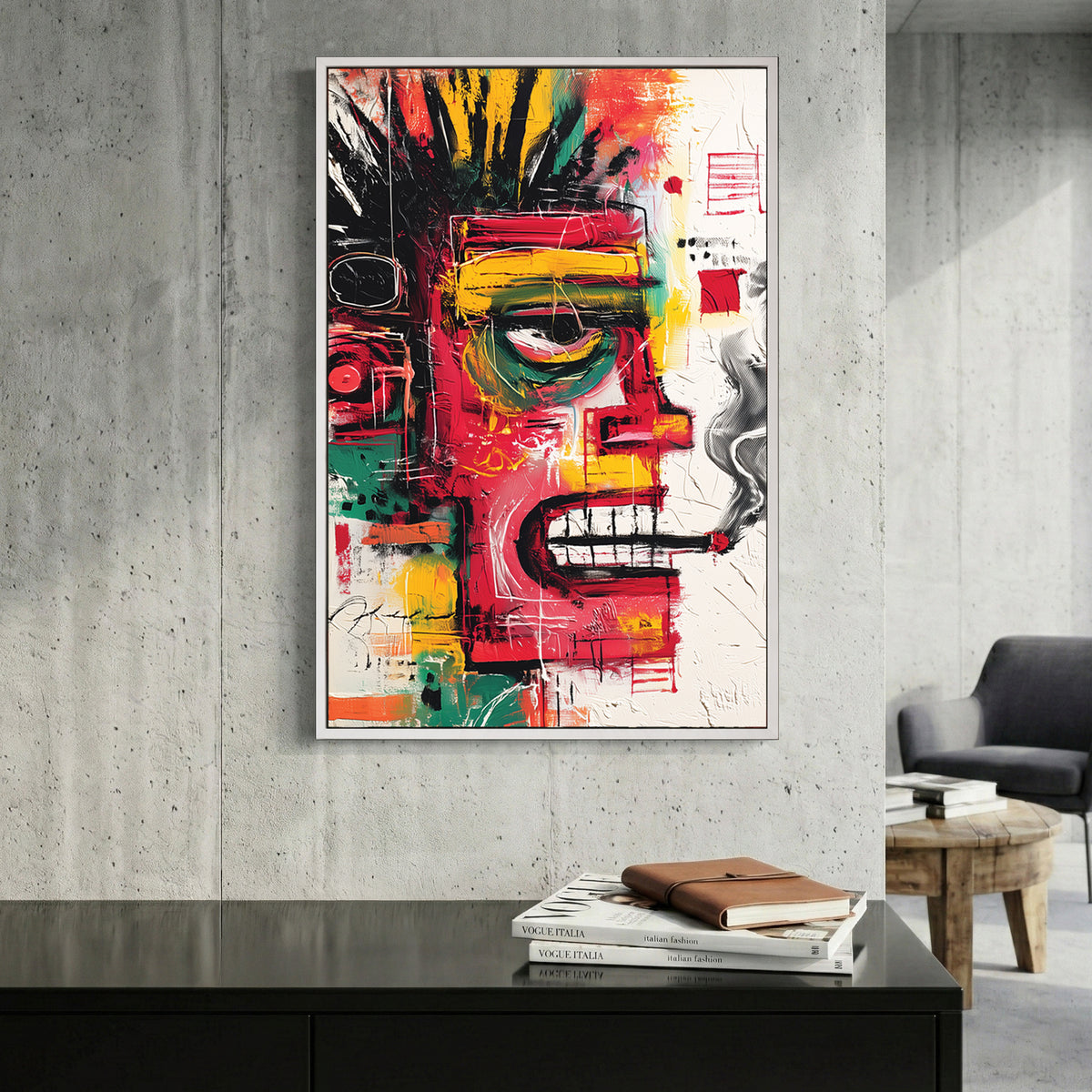 Colourful Basquiat Style Face Abstract canvas wall art print displayed in a styled living room