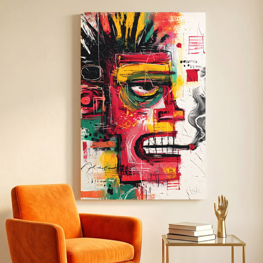 Colourful Basquiat Style Face Abstract canvas wall art print displayed in a styled living room