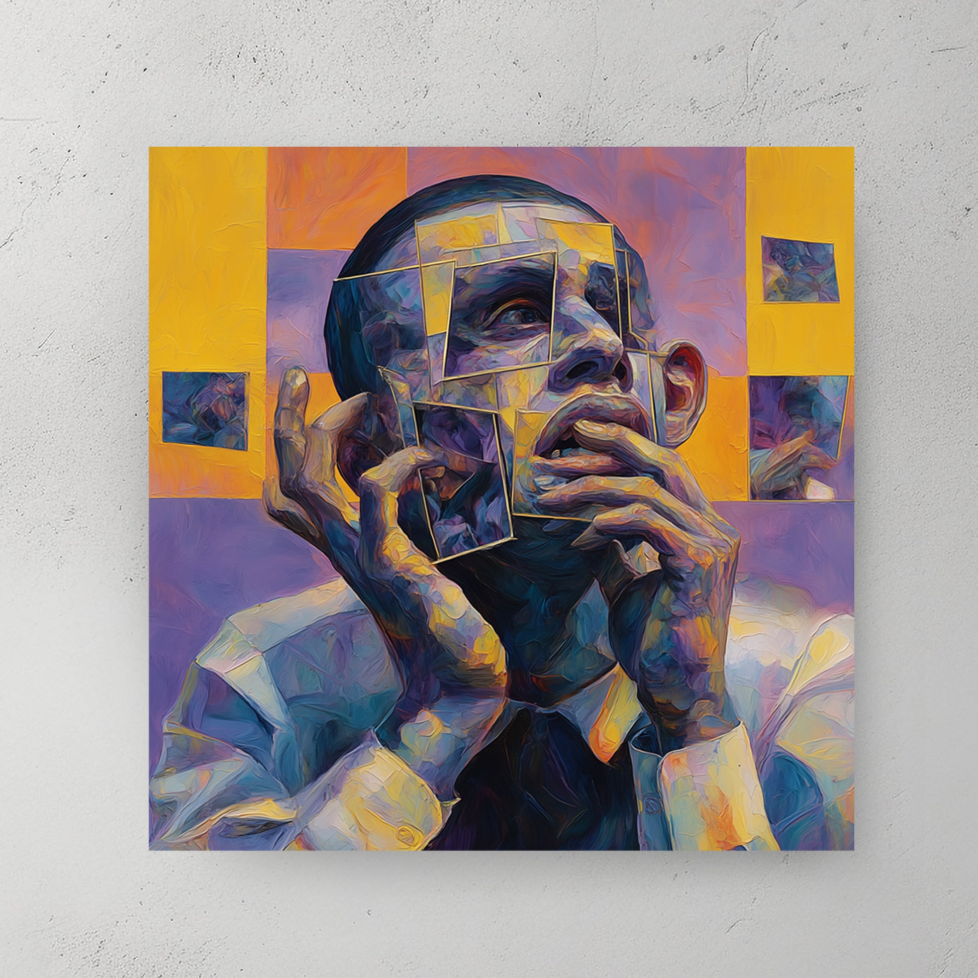 Cubist man portrait, face fragmented into squares, hand to chin pose, yellow and purple background, contemplative — canvas wall art print