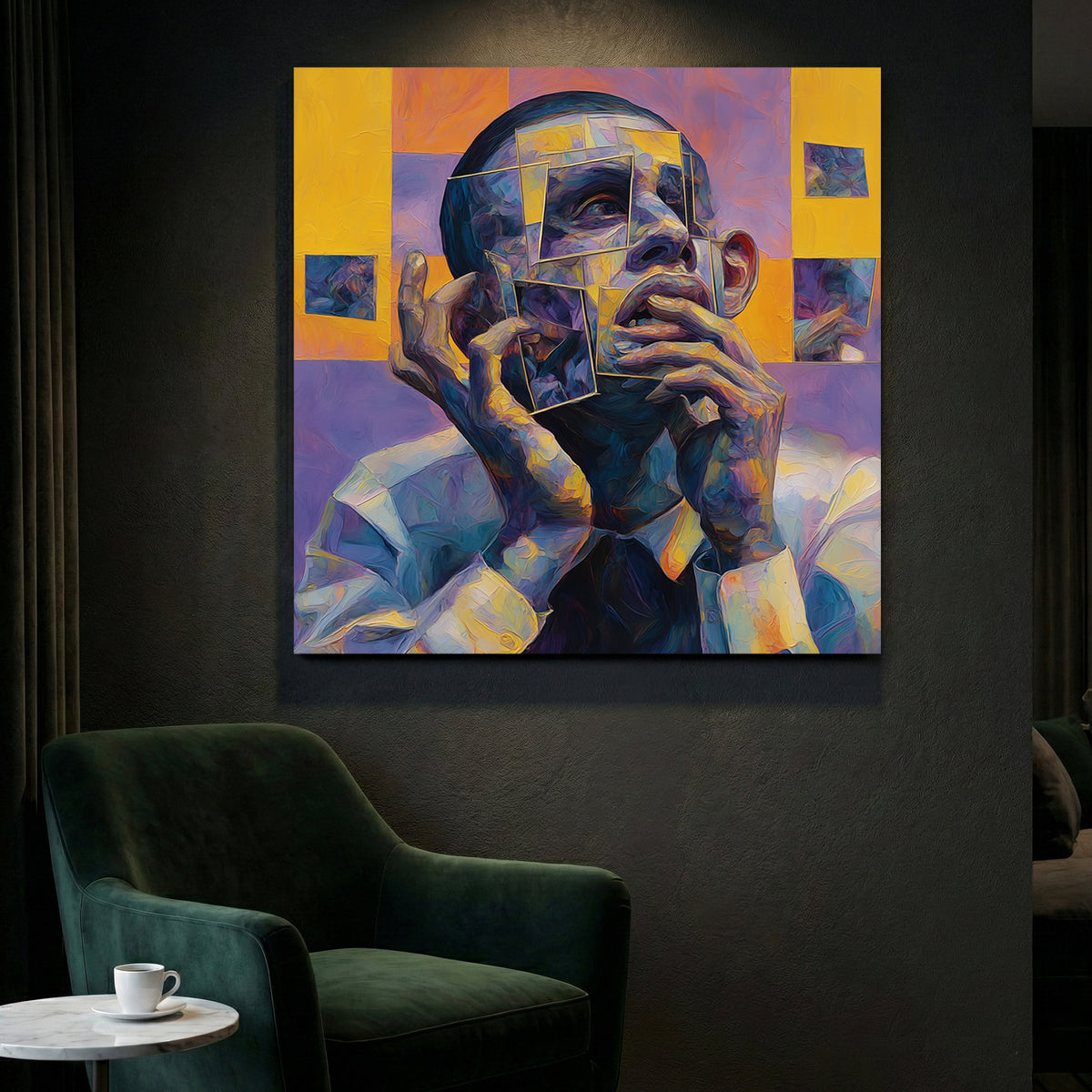 Cubist Man Portrait Abstract canvas wall art print styled in a modern interior