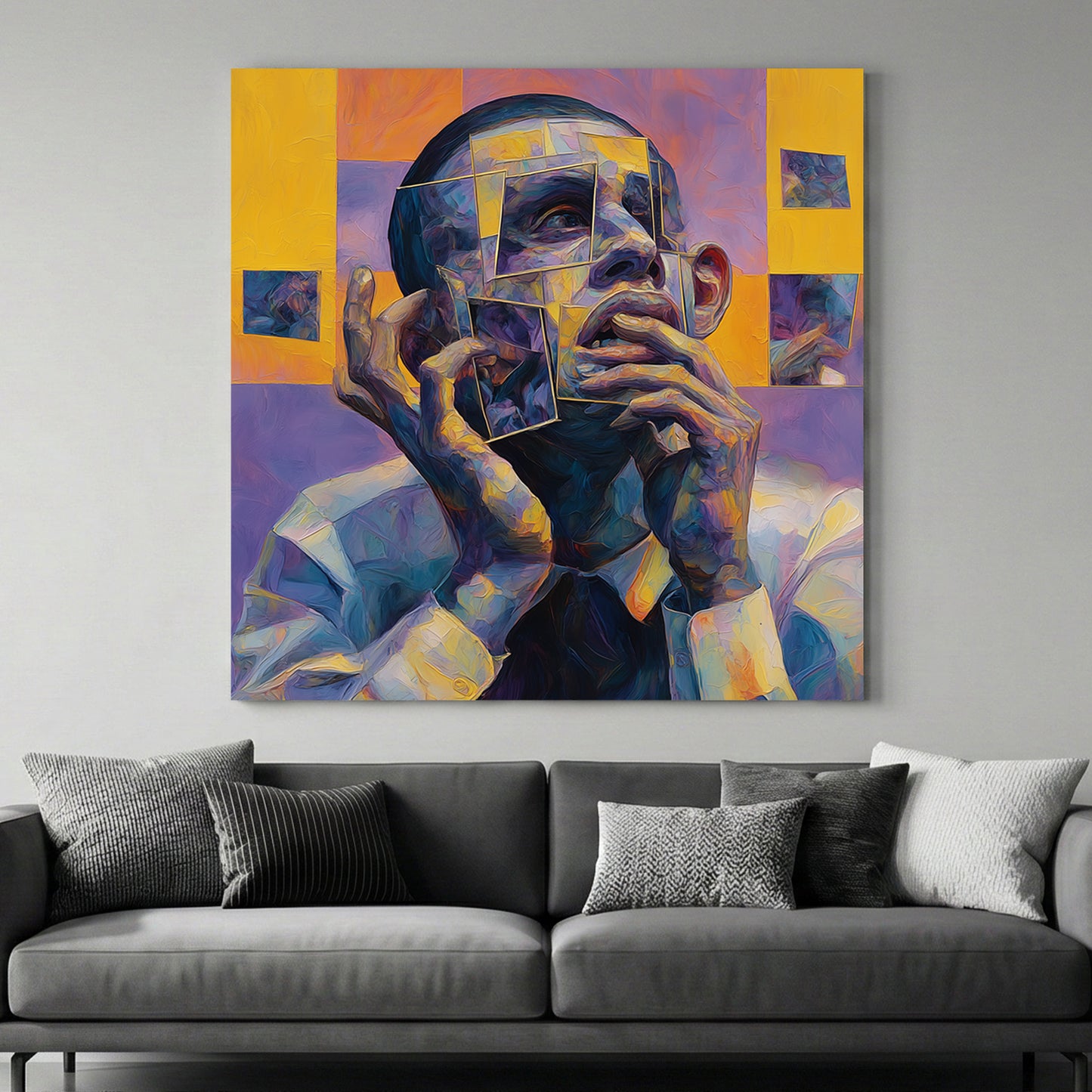 Cubist Man Portrait Abstract canvas wall art print above a sofa in a contemporary living room