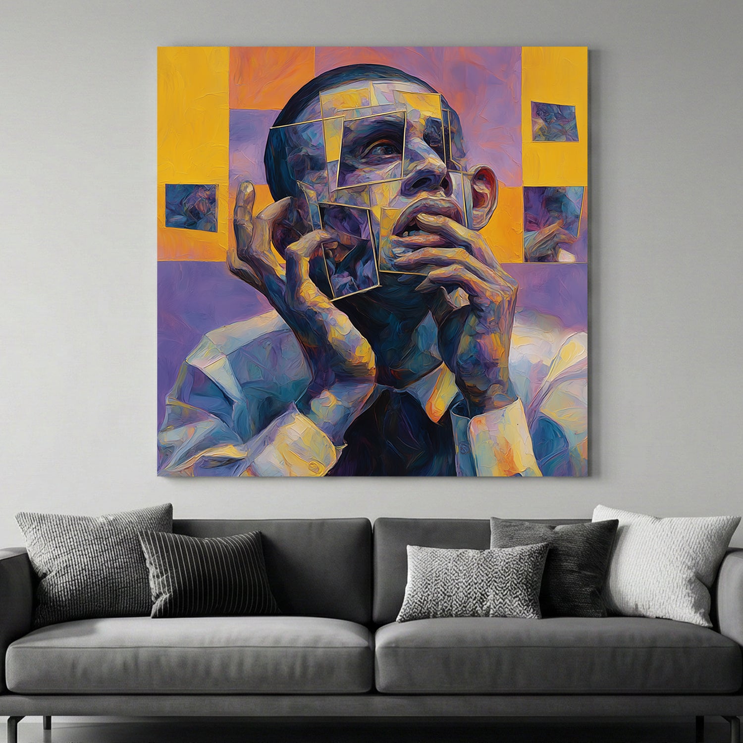 Cubist Man Portrait Abstract canvas wall art print above a sofa in a contemporary living room